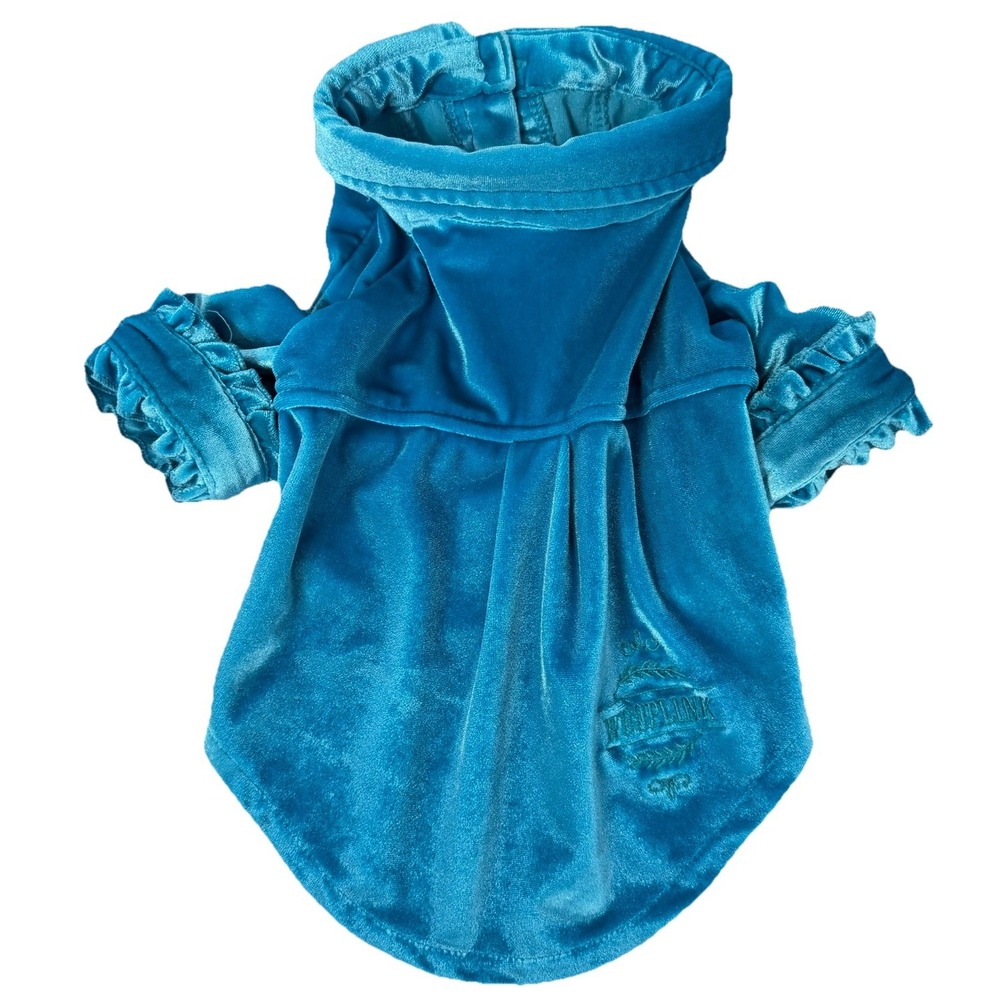 Wooflink Blue Crushed Velvet Dog Shirt Size 4 Medium Ruffle Sleeves‎ And Chest